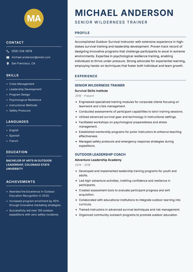 Outdoor Survival Instructor resume sample — Senior Wilderness Trainer focus