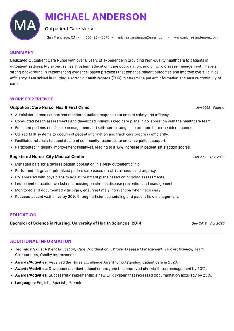 Outpatient Care Nurse resume example
