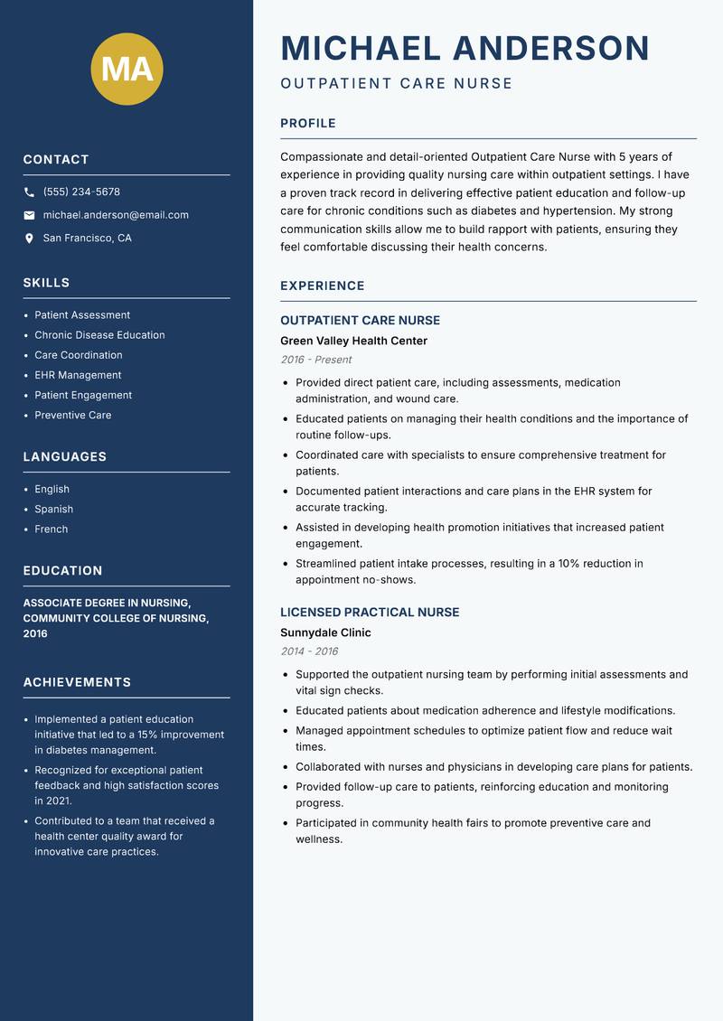 Outpatient Care Nurse resume sample — Outpatient Care Nurse focus