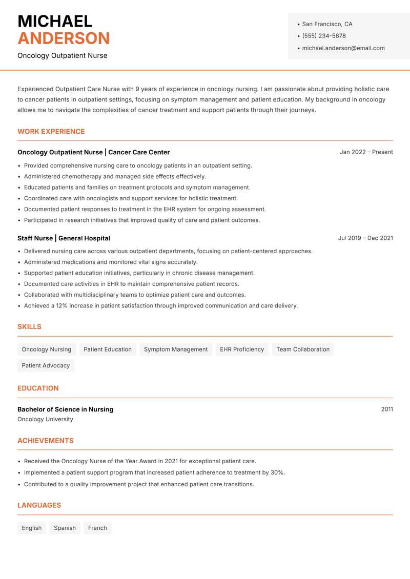 Outpatient Care Nurse resume sample — Oncology Outpatient Nurse focus