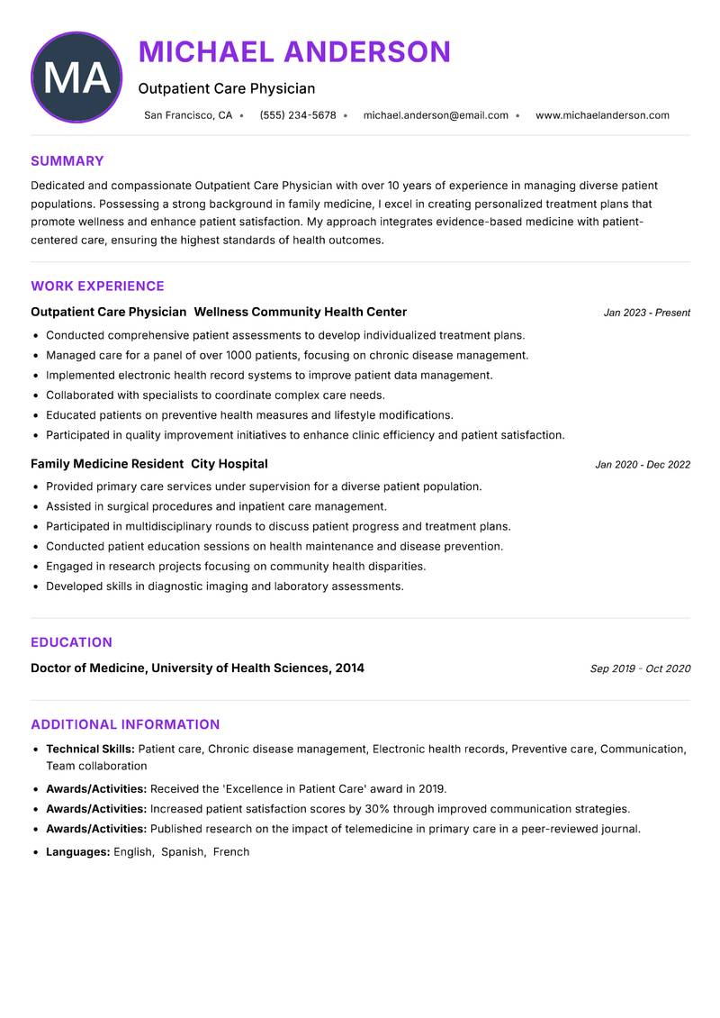 Outpatient Care Physician resume example