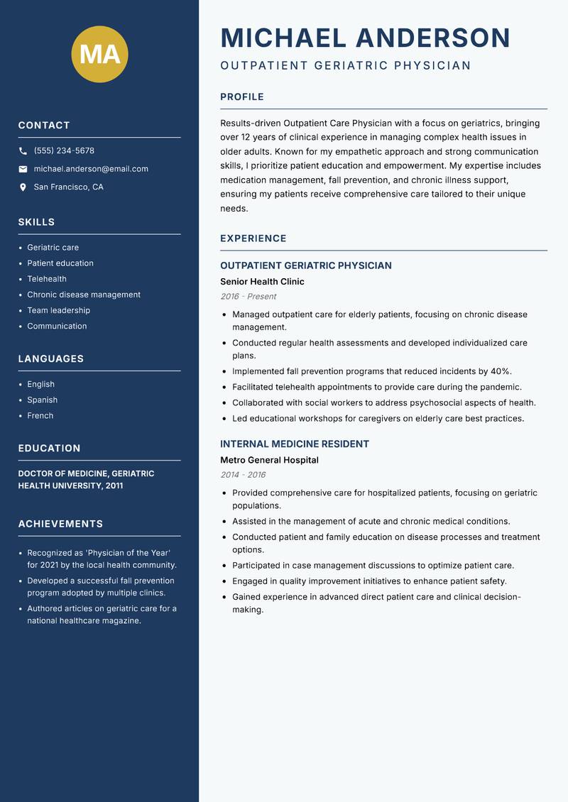 Outpatient Care Physician resume sample — Outpatient Geriatric Physician focus
