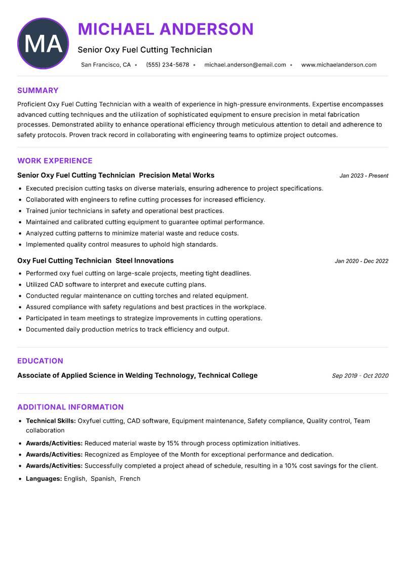 Oxy Fuel Cutting Technician resume example