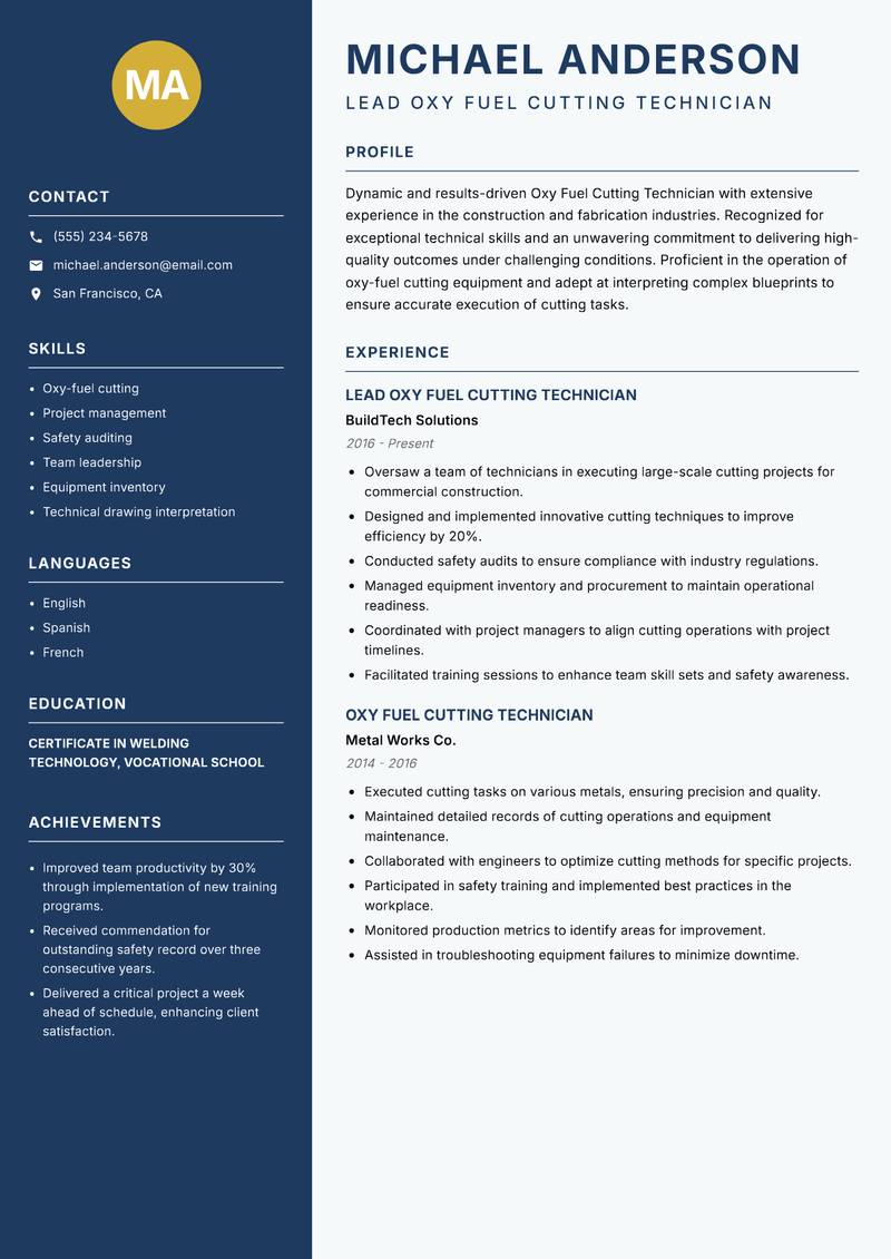 Oxy Fuel Cutting Technician resume sample — Lead Oxy Fuel Cutting Technician focus
