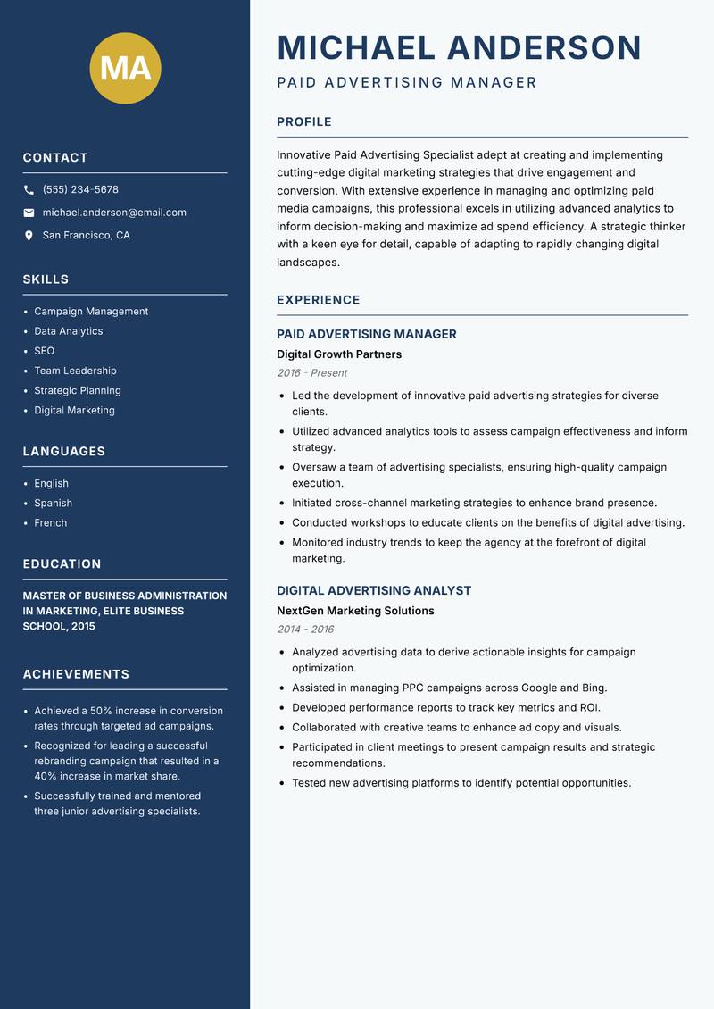 Paid Advertising Specialist resume sample — Paid Advertising Manager focus