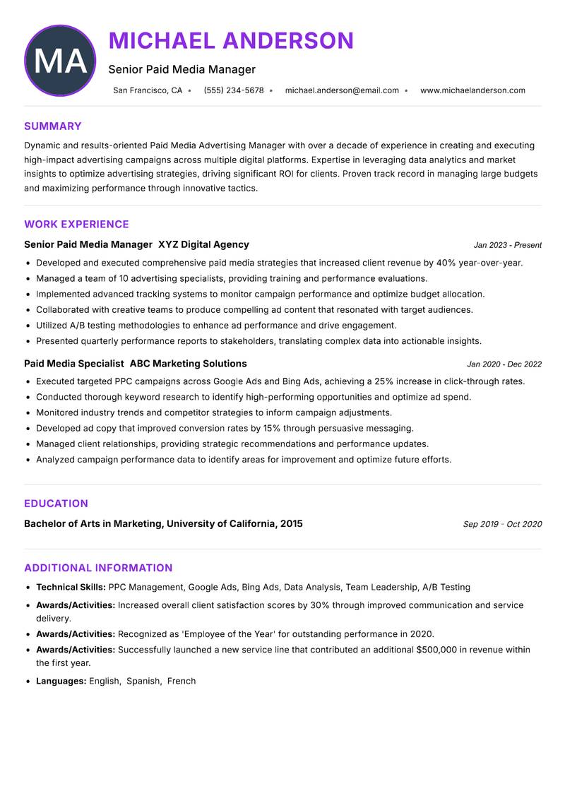 Paid Media Advertising Manager resume example