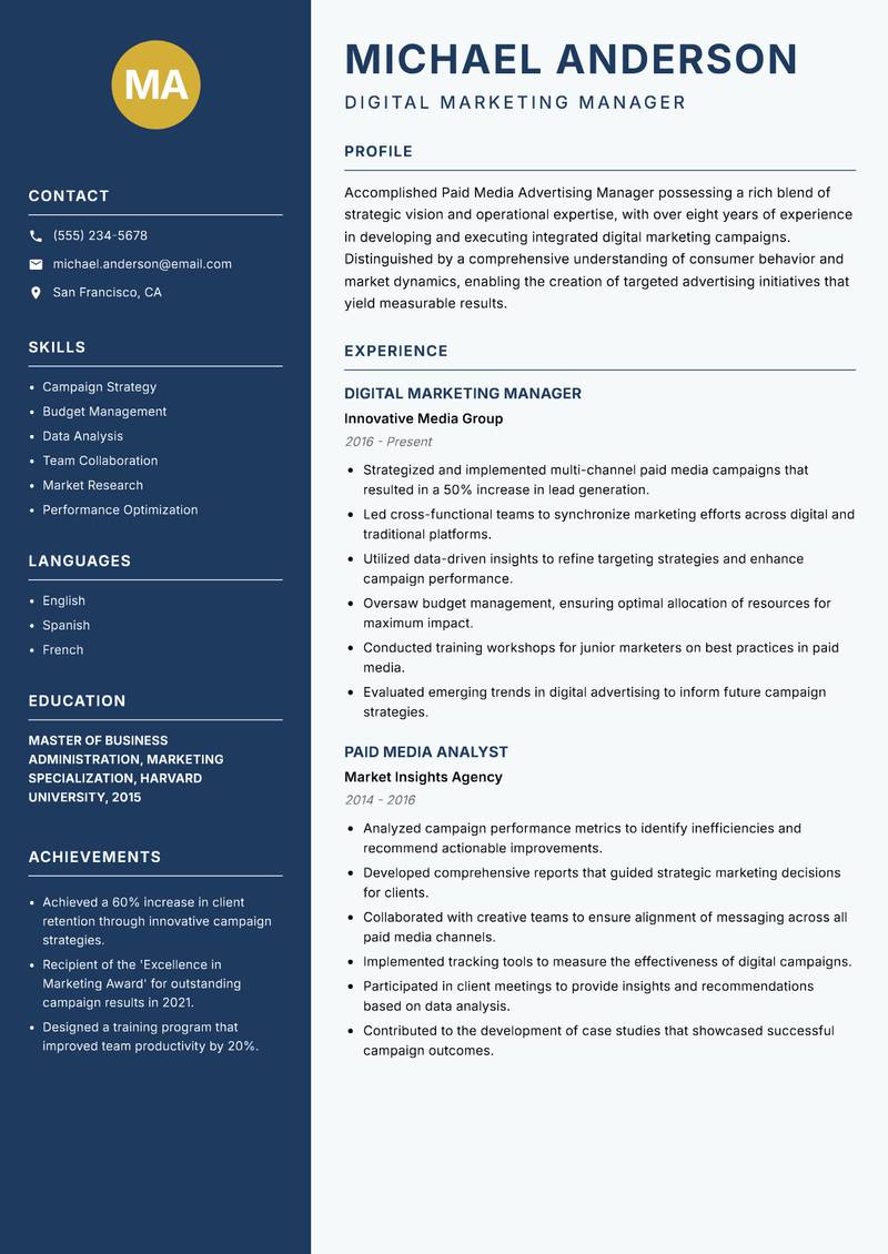 Paid Media Advertising Manager resume sample — Digital Marketing Manager focus
