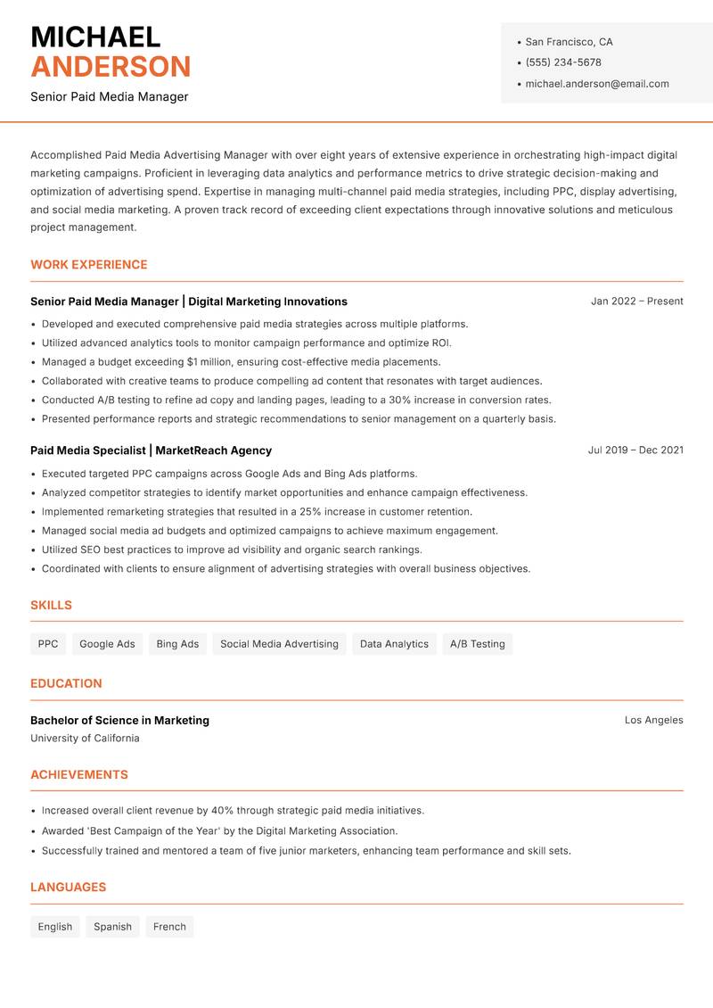 Paid Media Advertising Manager resume sample — Senior Paid Media Manager focus