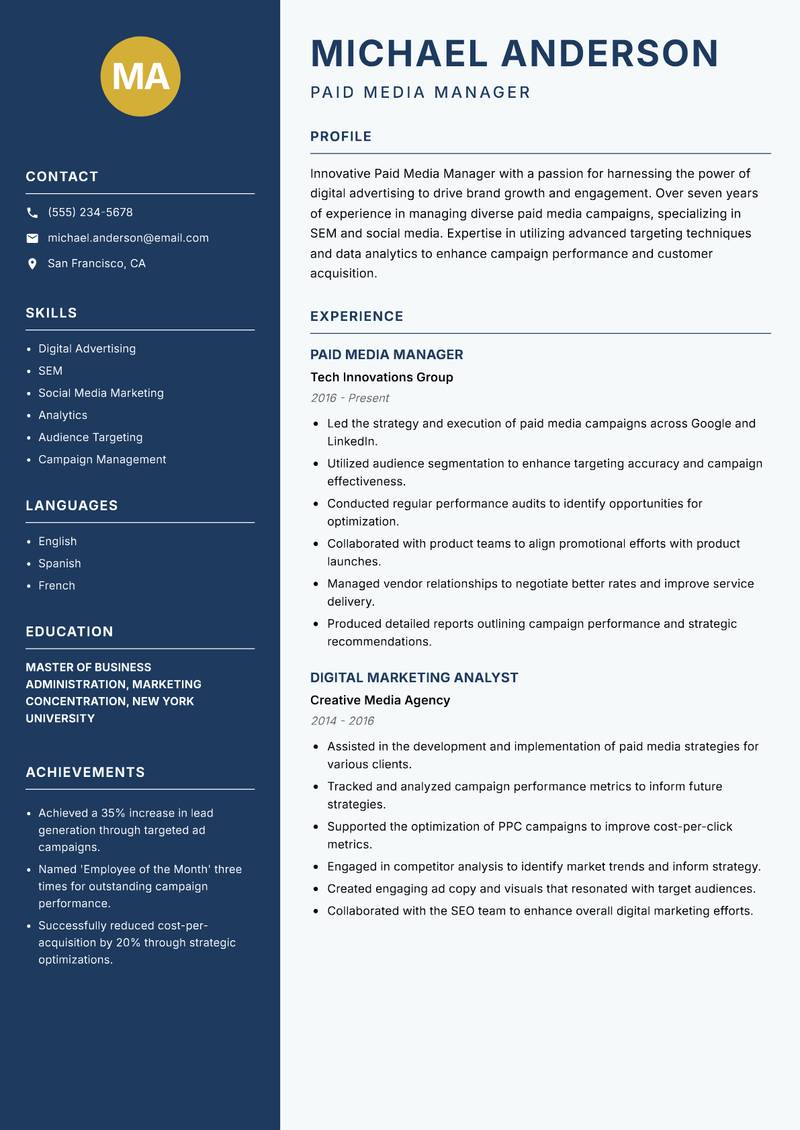 Paid Media Manager resume sample — Paid Media Manager focus
