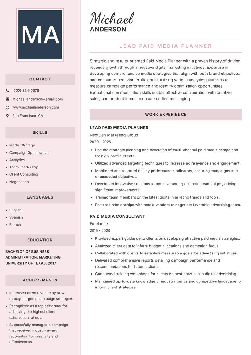 Paid Media Planner resume sample — Lead Paid Media Planner focus