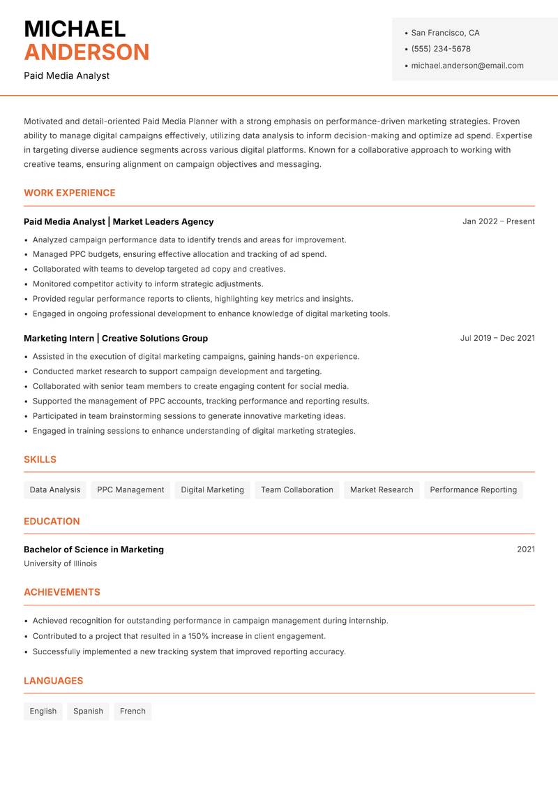 Paid Media Planner resume sample — Paid Media Analyst focus