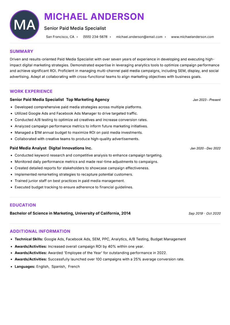Paid Media Specialist resume example