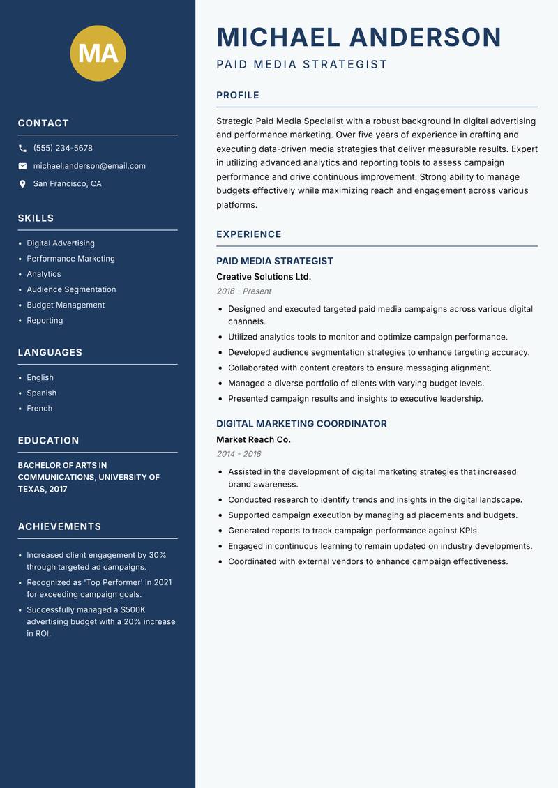 Paid Media Specialist resume sample — Paid Media Strategist focus