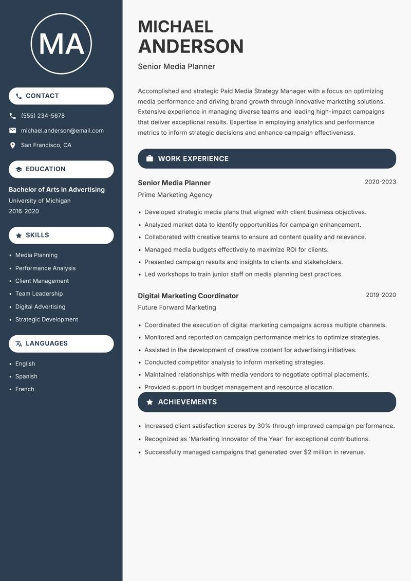 Paid Media Strategy Manager resume sample — Senior Media Planner focus
