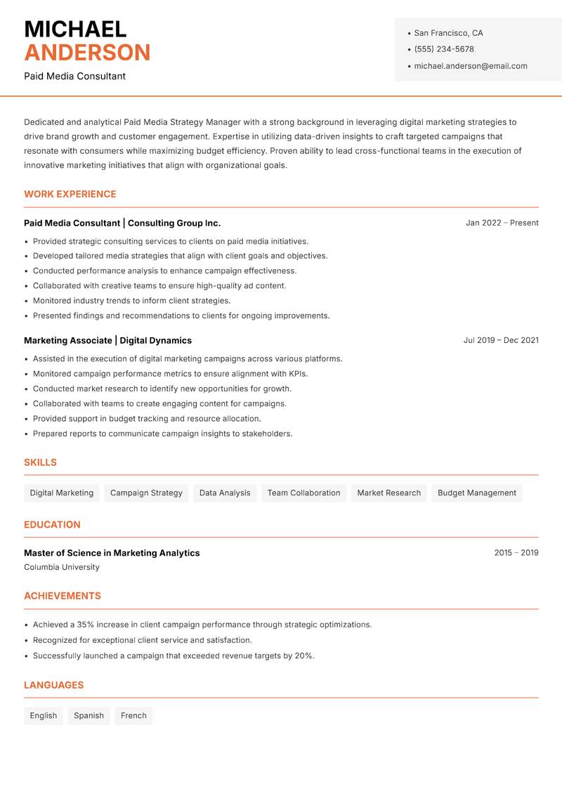 Paid Media Strategy Manager resume sample — Paid Media Consultant focus
