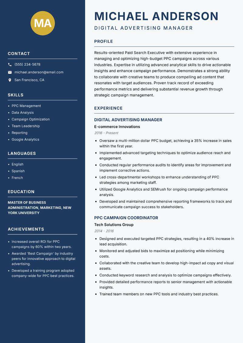 Paid Search Executive resume sample — Digital Advertising Manager focus