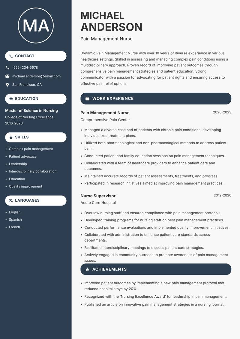 Pain Management Nurse resume sample — Pain Management Nurse focus