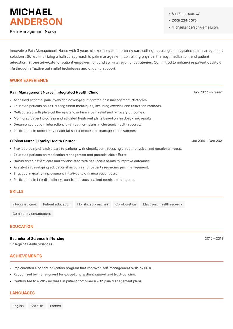 Pain Management Nurse resume sample — Pain Management Nurse focus