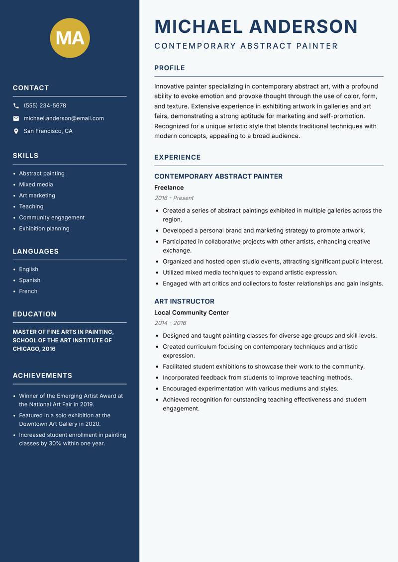 Painter resume sample — Contemporary Abstract Painter focus