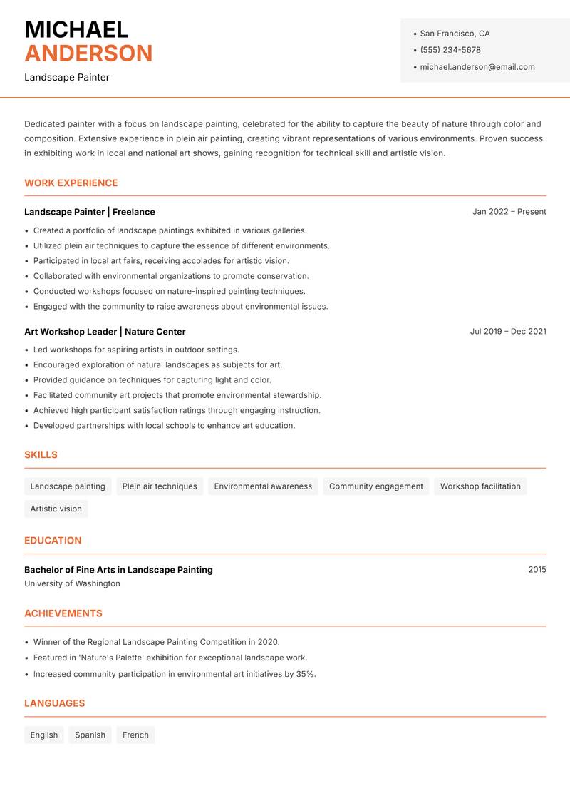 Painter resume sample — Landscape Painter focus
