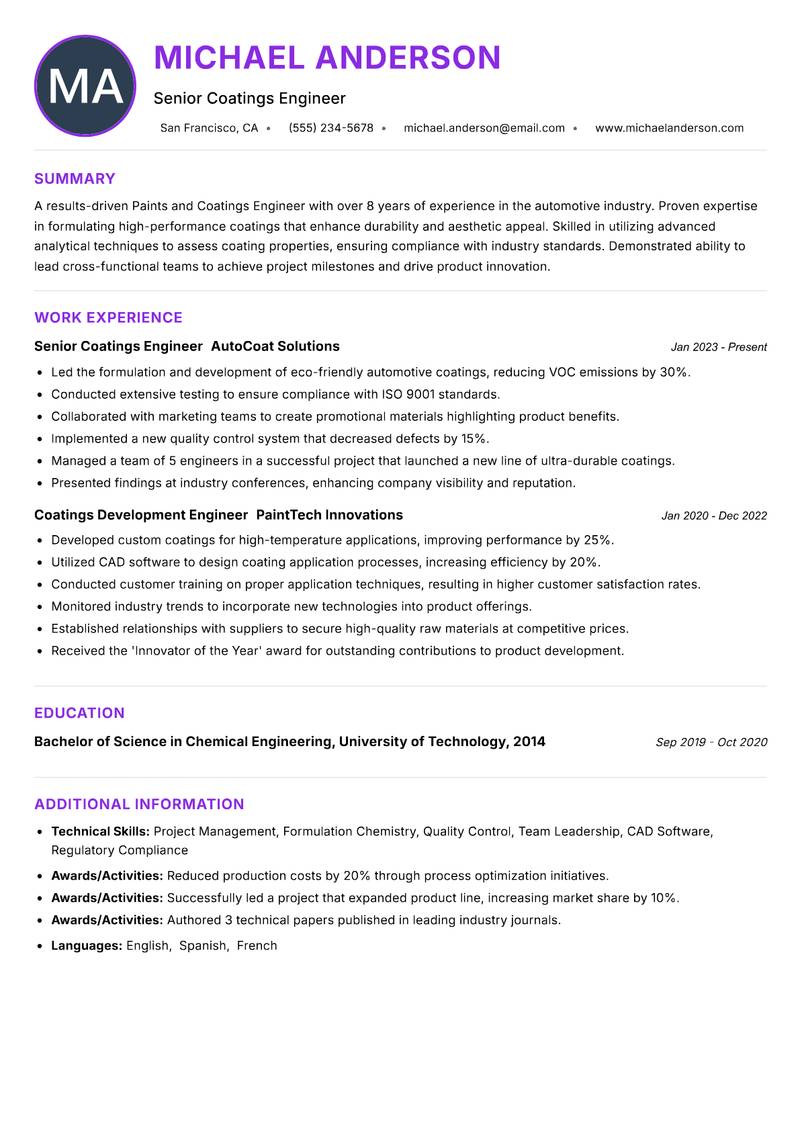 Paints and Coatings Engineer resume example