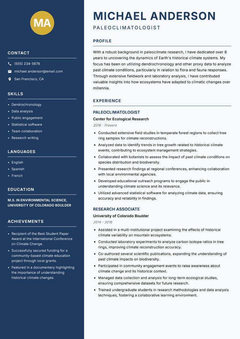 Paleoclimatologist resume sample — Paleoclimatologist focus