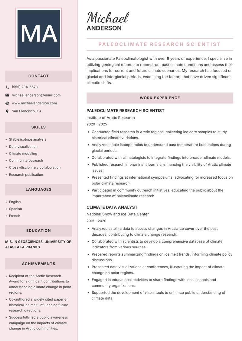 Paleoclimatologist resume sample — Paleoclimate Research Scientist focus