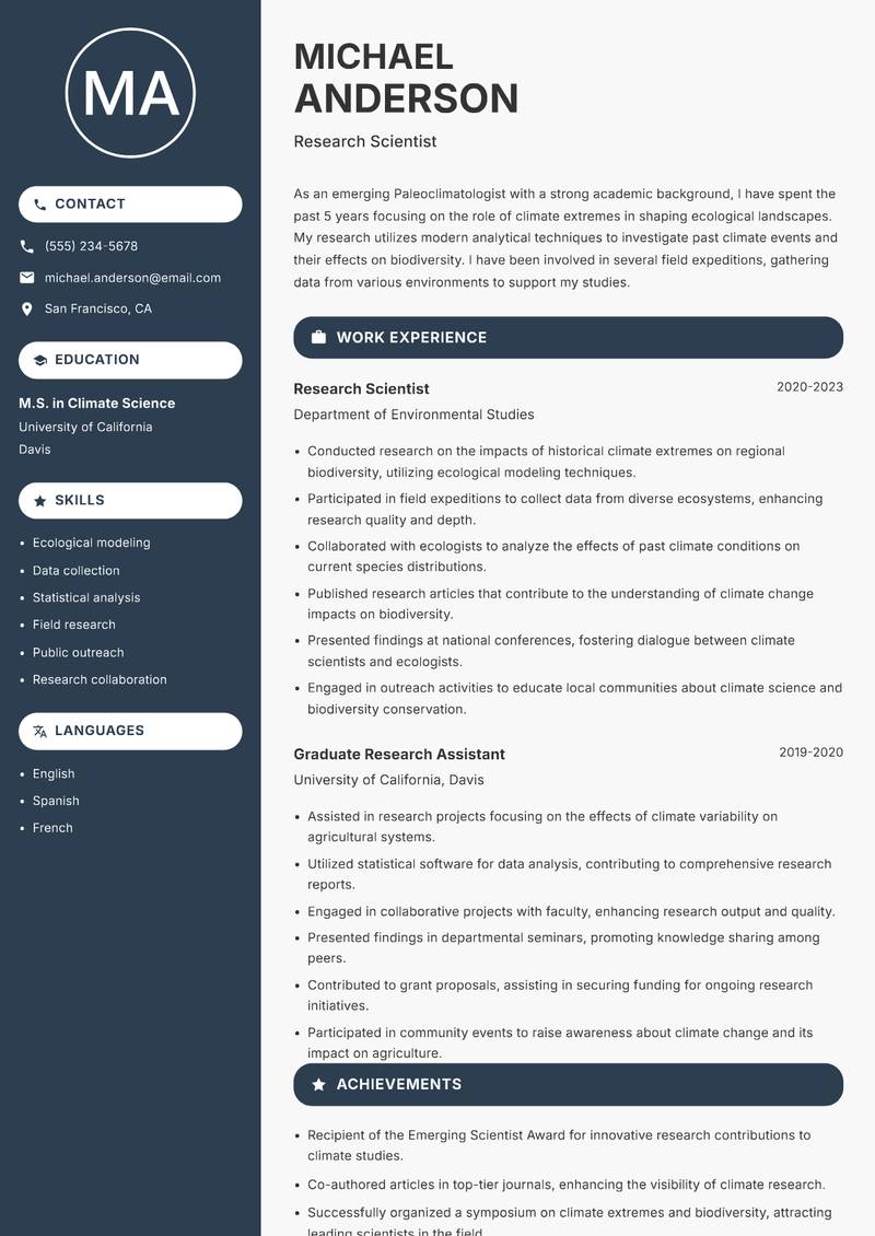 Paleoclimatologist resume sample — Research Scientist focus