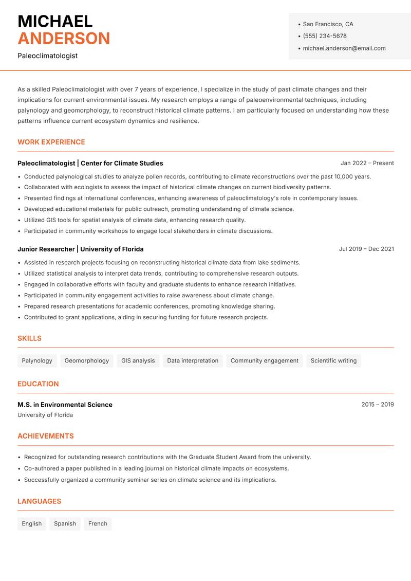 Paleoclimatologist resume sample — Paleoclimatologist focus