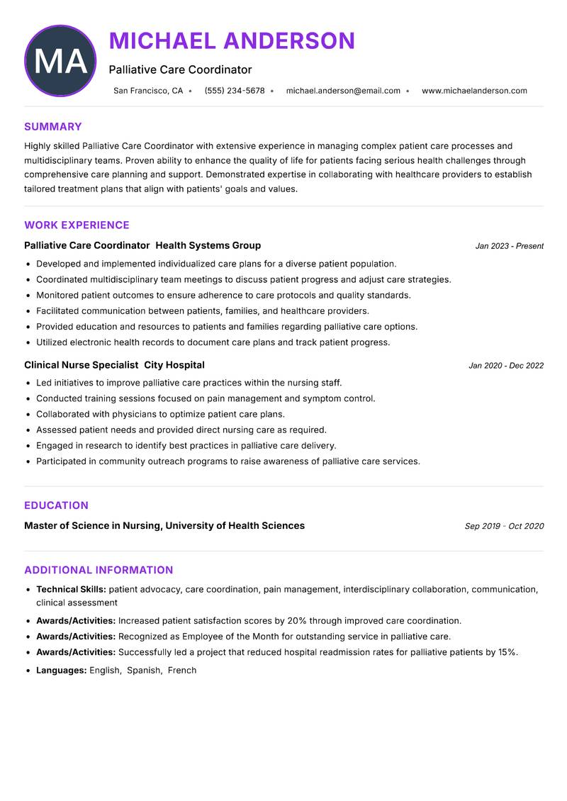 Palliative Care Coordinator resume example