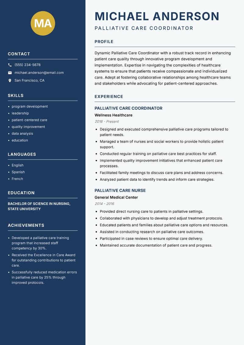Palliative Care Coordinator resume sample — Palliative Care Coordinator focus
