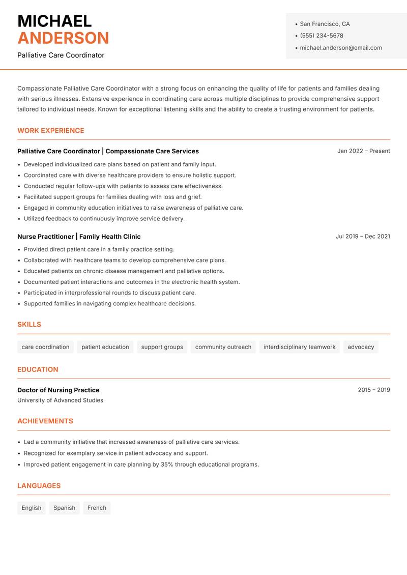 Palliative Care Coordinator resume sample — Palliative Care Coordinator focus