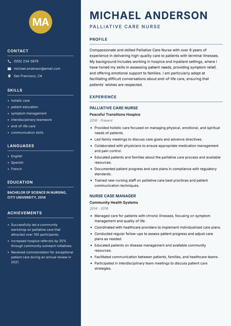 Palliative Care Nurse resume sample — Palliative Care Nurse focus