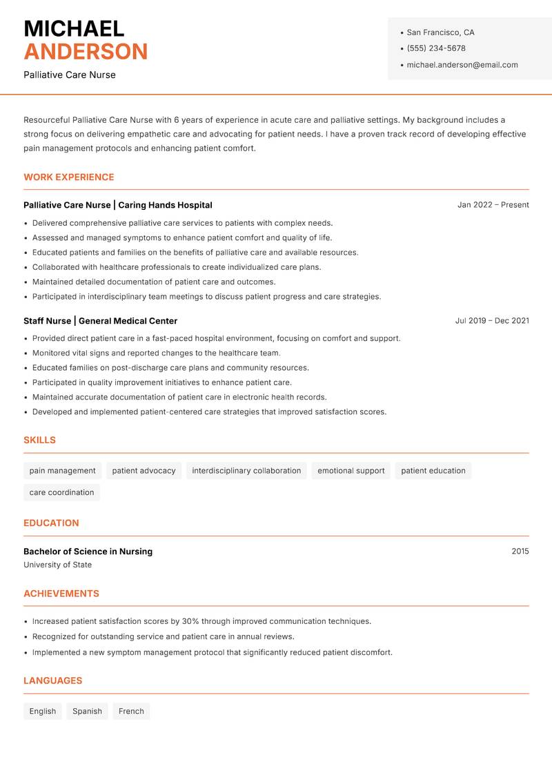 Palliative Care Nurse resume sample — Palliative Care Nurse focus
