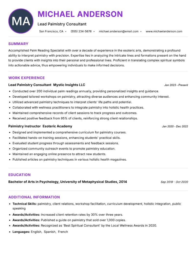Palm Reading Specialist resume example