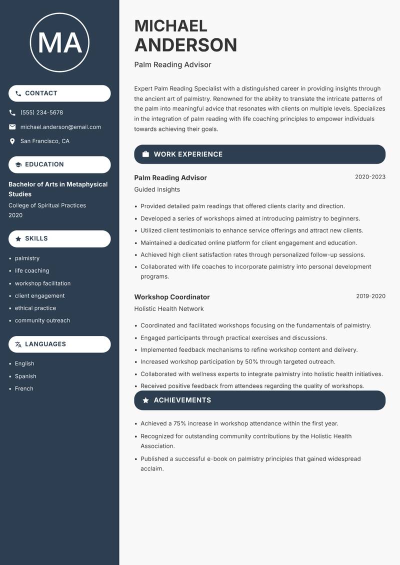 Palm Reading Specialist resume sample — Palm Reading Advisor focus