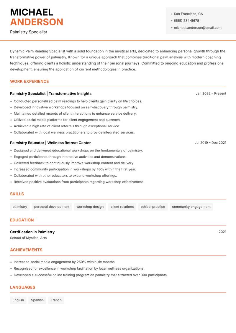 Palm Reading Specialist resume sample — Palmistry Specialist focus