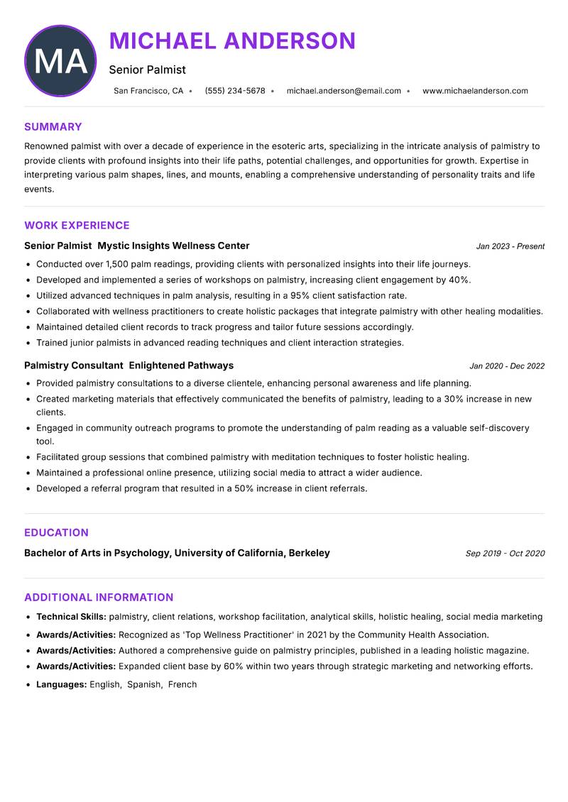 Palmist resume example