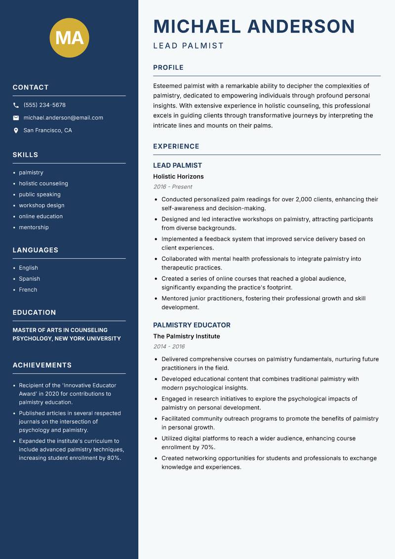 Palmist resume sample — Lead Palmist focus