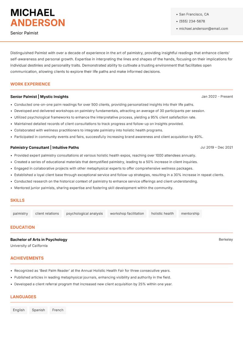 Palmist resume sample — Senior Palmist focus