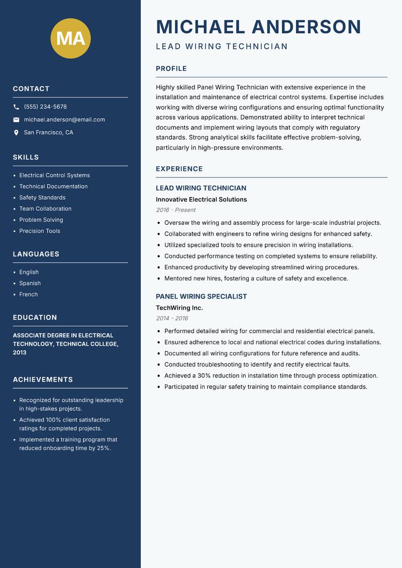 Panel Wiring Technician resume sample — Lead Wiring Technician focus