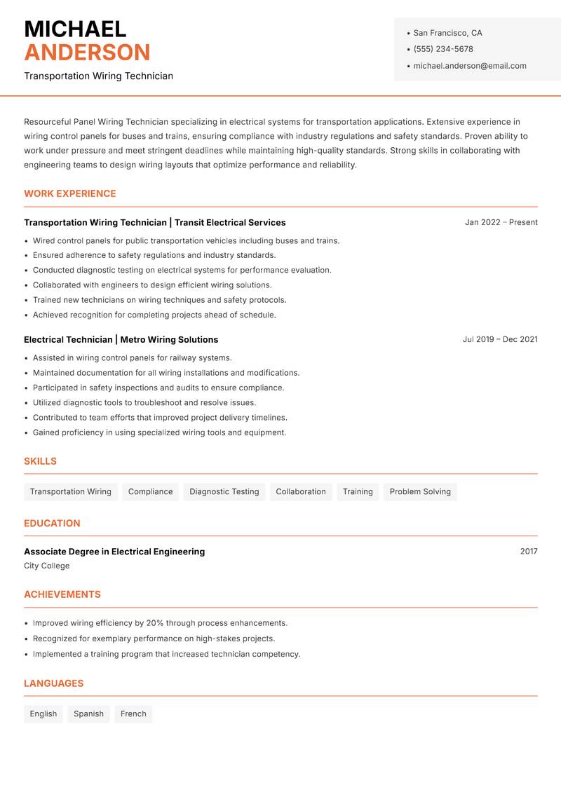 Panel Wiring Technician resume sample — Transportation Wiring Technician focus