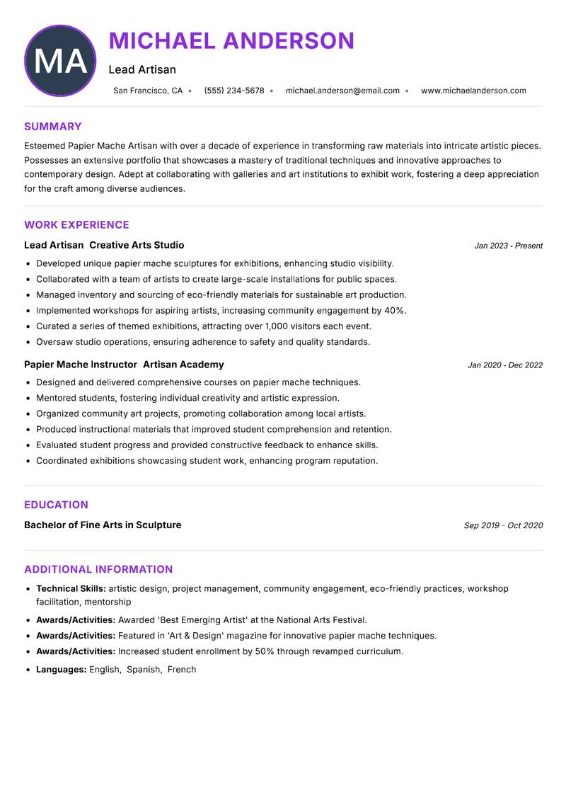 Papier Mache Artisan resume example