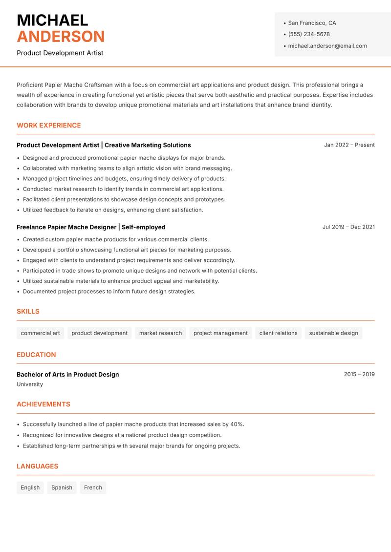 Papier Mache Artisan resume sample — Product Development Artist focus