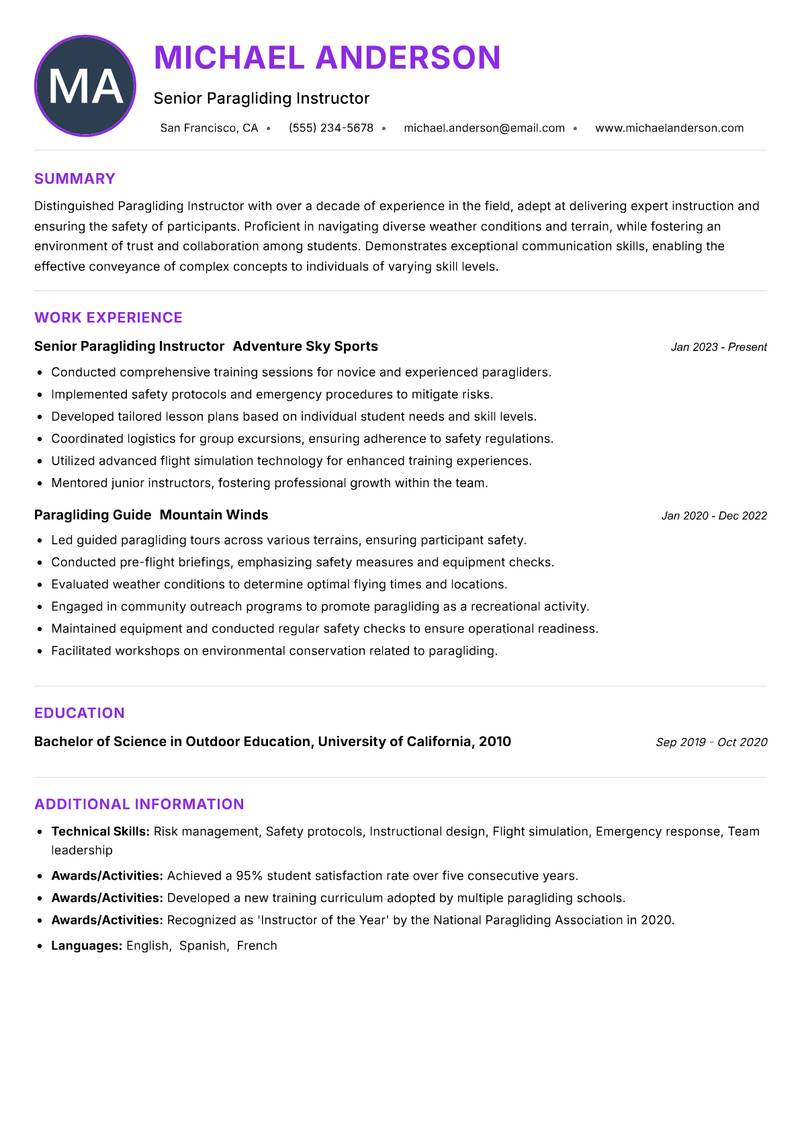 Paragliding Instructor resume example