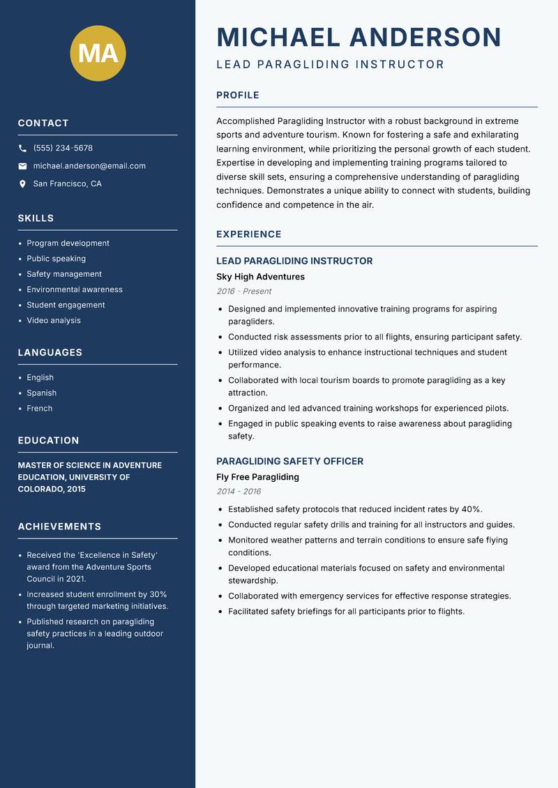 Paragliding Instructor resume sample — Lead Paragliding Instructor focus