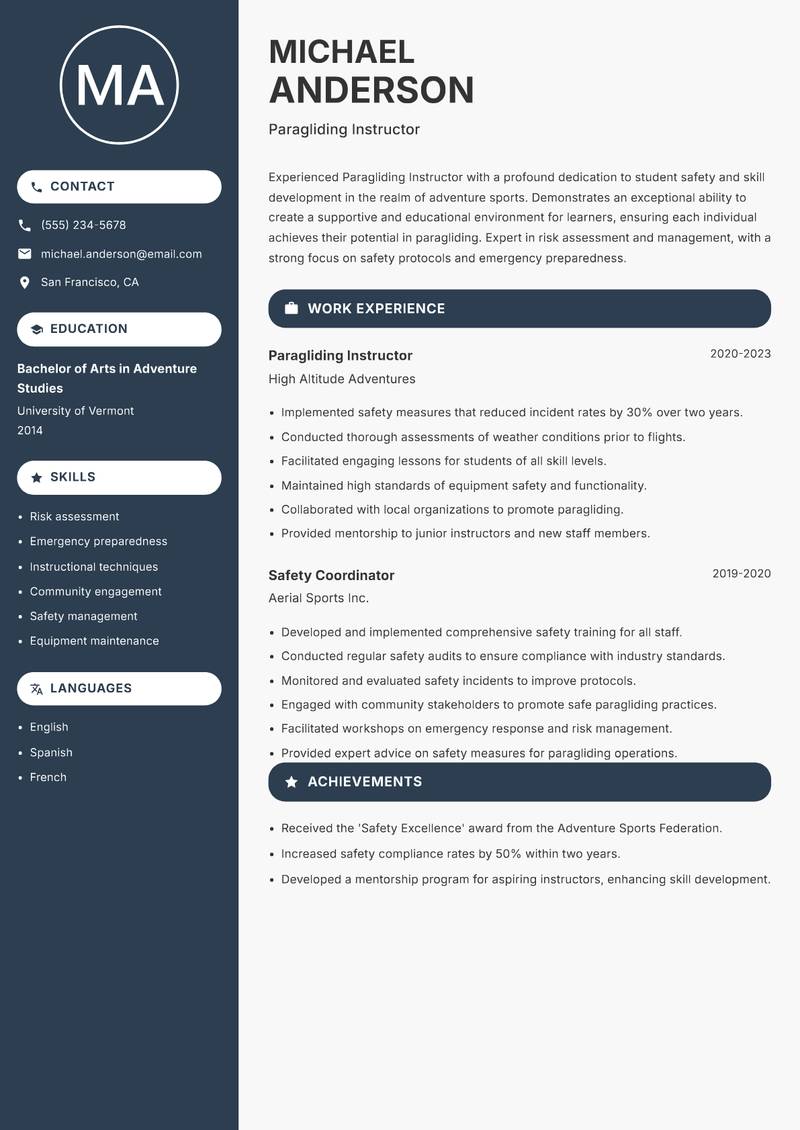 Paragliding Instructor resume sample — Paragliding Instructor focus