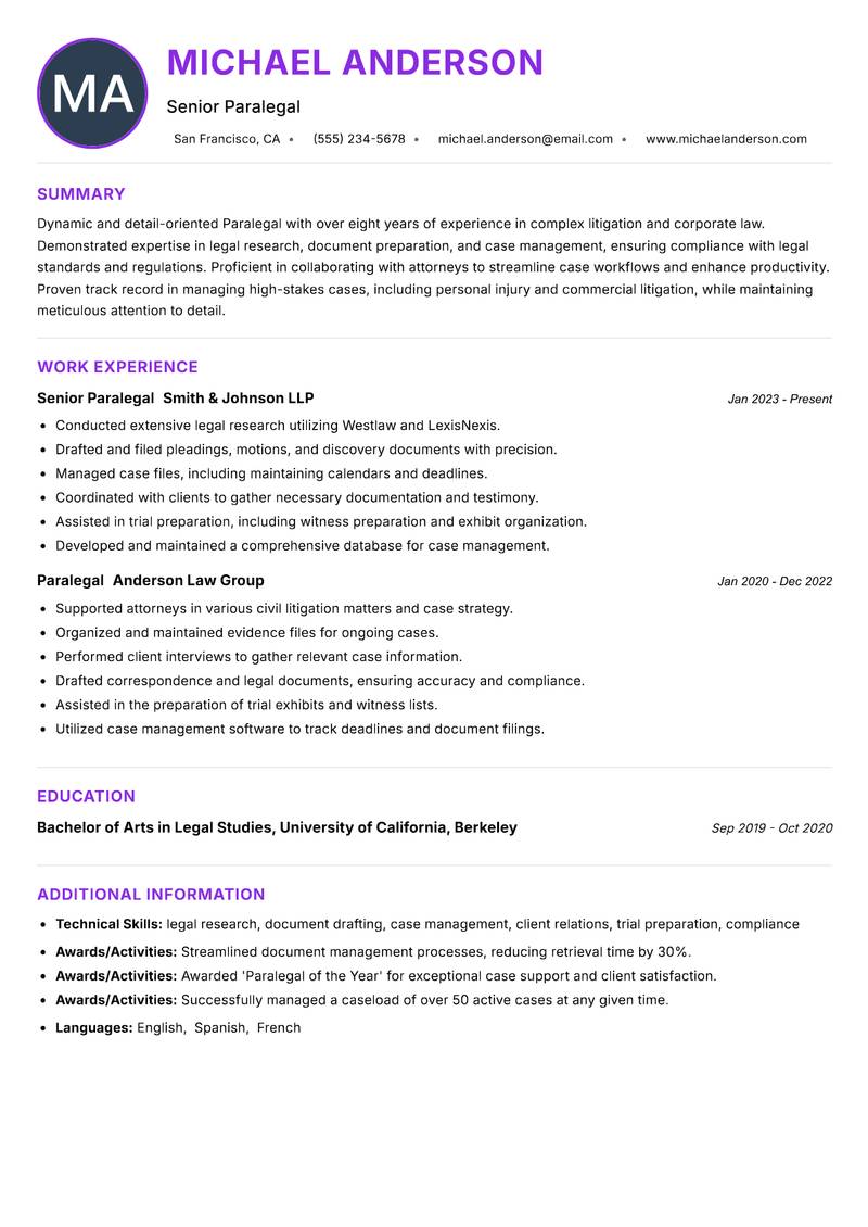 Paralegal resume example
