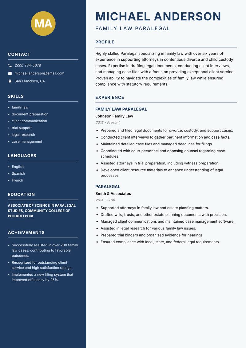 Paralegal resume sample — Family Law Paralegal focus