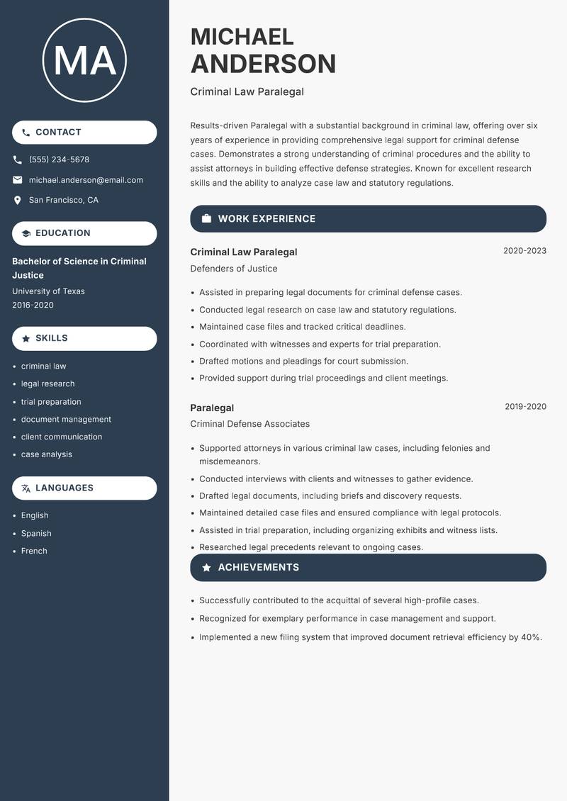 Paralegal resume sample — Criminal Law Paralegal focus
